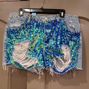 Topshop sequin denim shorts, US 10/ UK 14 / M-L
